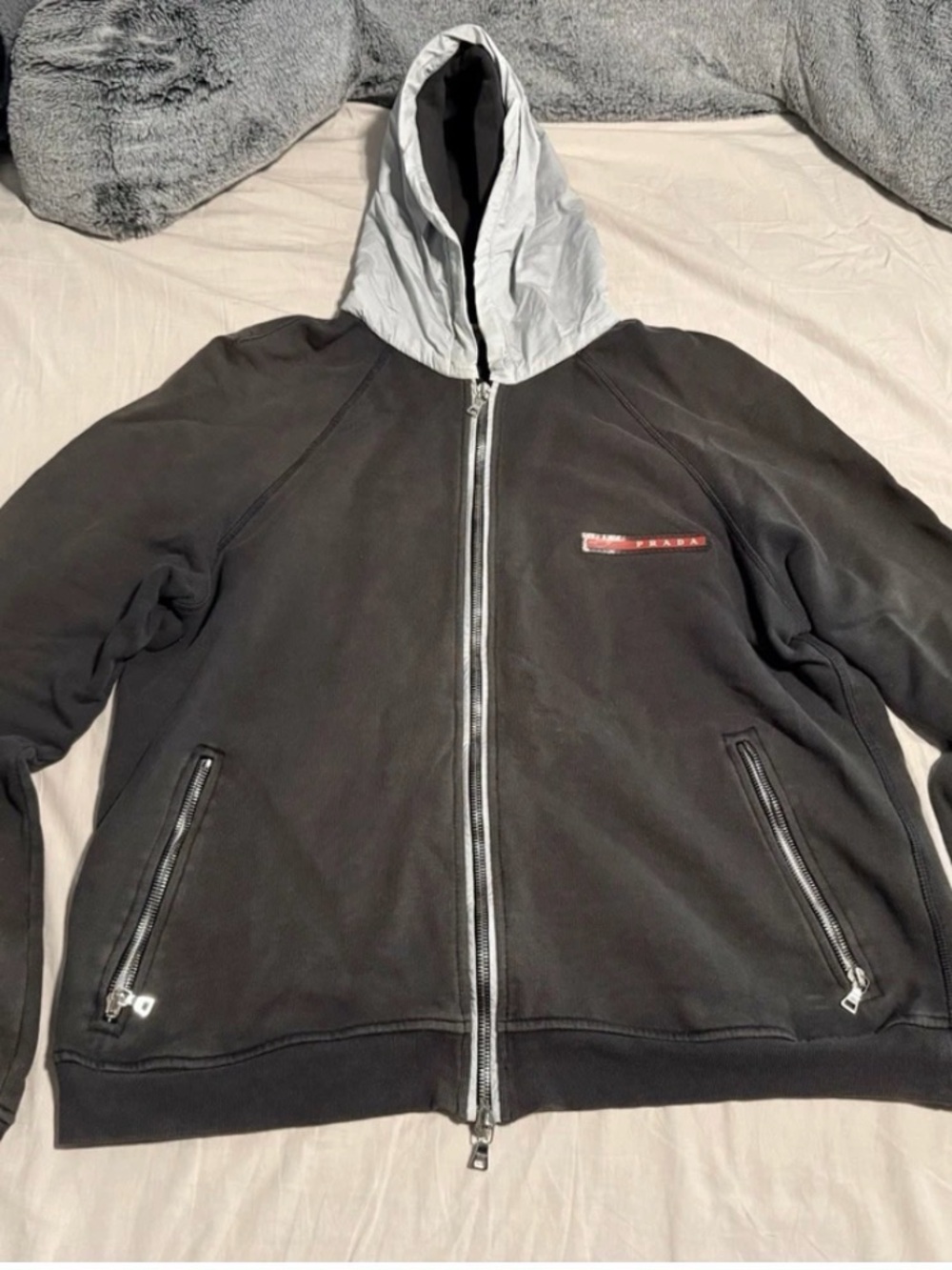 Prada Men's Black Zip-Up Hoodie with Light Gray Hood